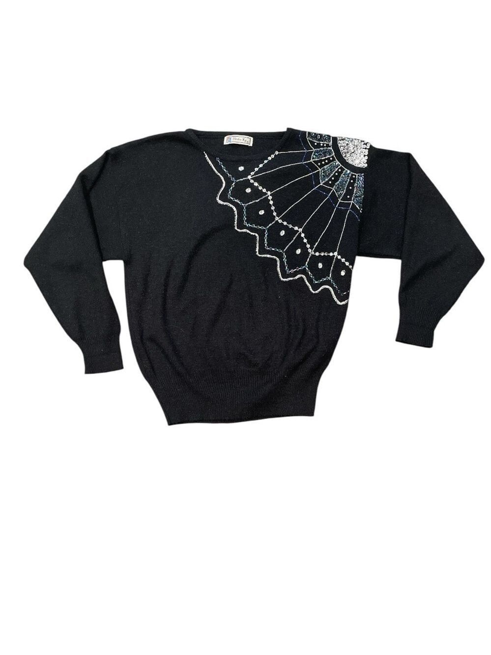 MODES KY XL black batwing crew neck embroidered/embellished spider web sweater